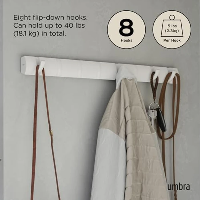 Umbra Flip Wall-Mounted Coat Rack with 8 Hooks - Modern, Space-Saving Storage for Hats, Jackets, Bags, Entryway, Mudroom, Closet, Bathroom, Bedroom - White/White by Umbra - Image 5
