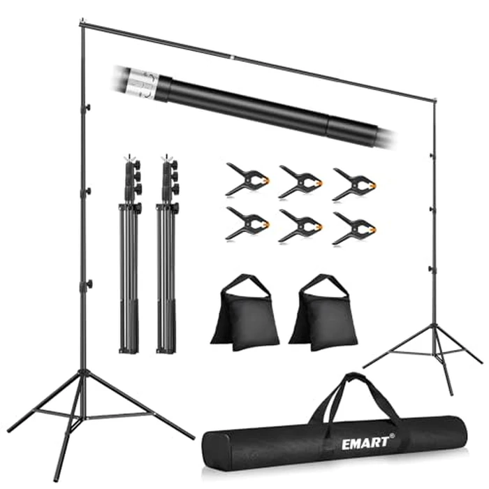 EMART 10x10FT Backdrop Stand, Photo Studio Back Drop Adjustable Stand with 6 Backdrop Clamps,2 Sandbags and Carry Bag,Heavy Duty Background Support System Kit for Photography,Parties,Wedding,Video by EMART - Used - Like New condition - US$45.99
