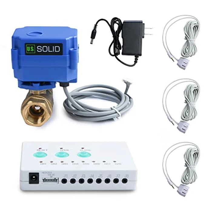 U.S. Solid Water Leak Detector System with 3 Sensors, 1” Brass Motorized Ball Valve, Controller and Sound Alarm by U.S. Solid - Image 1