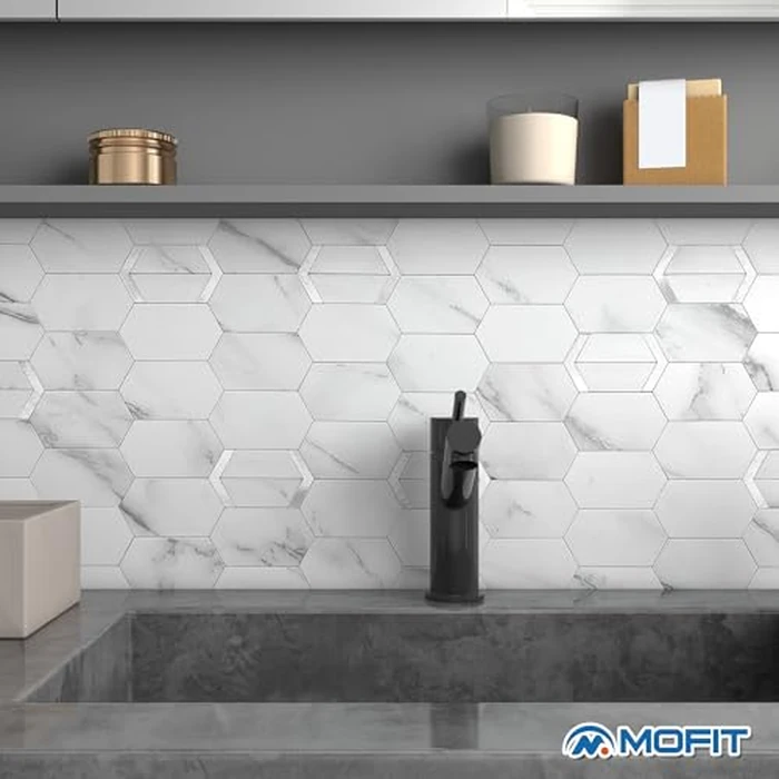 M MOFIT Peel and Stick Tile for Kitchen Backsplash Matte Finish,Peel and Stick Bathroom Marble 3D Wall Panels Honeycomb Tiles for Rvs Waterproof(10sheets,White Silver) by M MOFIT - Image 4