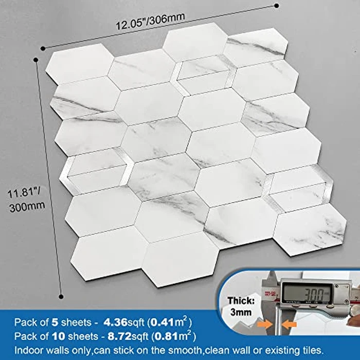 M MOFIT Peel and Stick Tile for Kitchen Backsplash Matte Finish,Peel and Stick Bathroom Marble 3D Wall Panels Honeycomb Tiles for Rvs Waterproof(10sheets,White Silver) by M MOFIT - Image 5