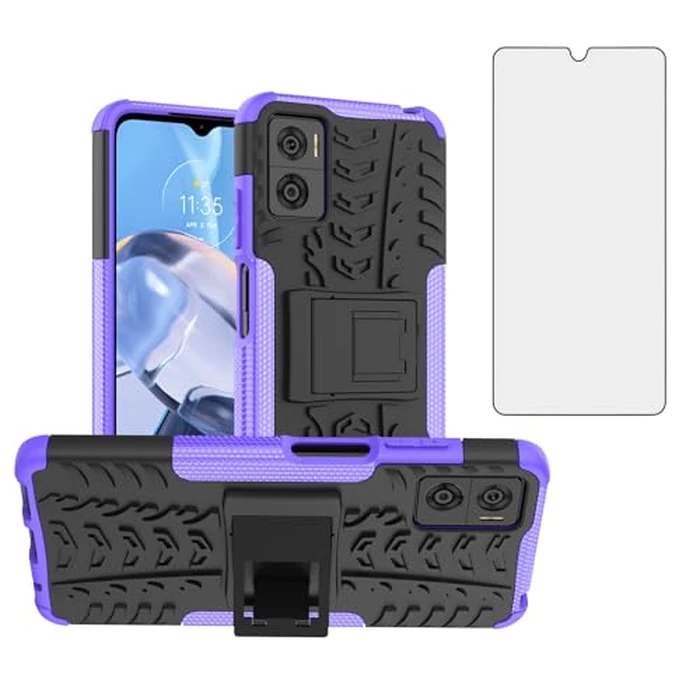 Asuwish Phone Case for Motorola Moto E22/E22i 4G with Tempered Glass Screen Protector Slim Stand Hybrid Heavy Duty Rugged Protective Cell Cover E 22 22i Women Men Kickstand Mobile Accessories Purple by Asuwish - Image 1