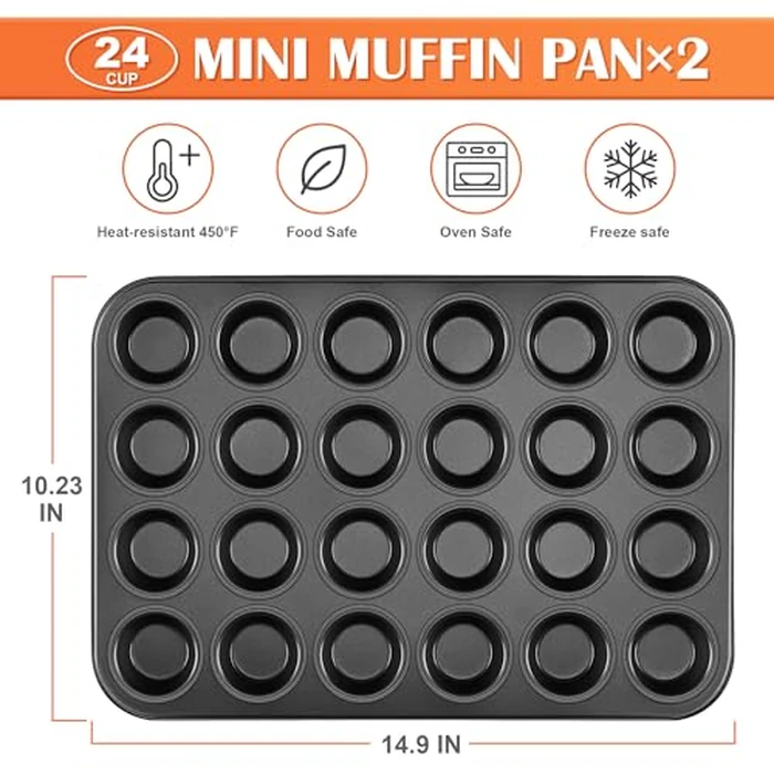 E-far 2 Pack Mini Muffin Pan - Nonstick 24-Cup Carbon Steel Cupcake Tin Tray for Little Bites & Freezer Prep | Warp-Free Bakeware Ensures Even Baking & Effortless Release, Regular Size & Oven Safe by E-far - Image 2