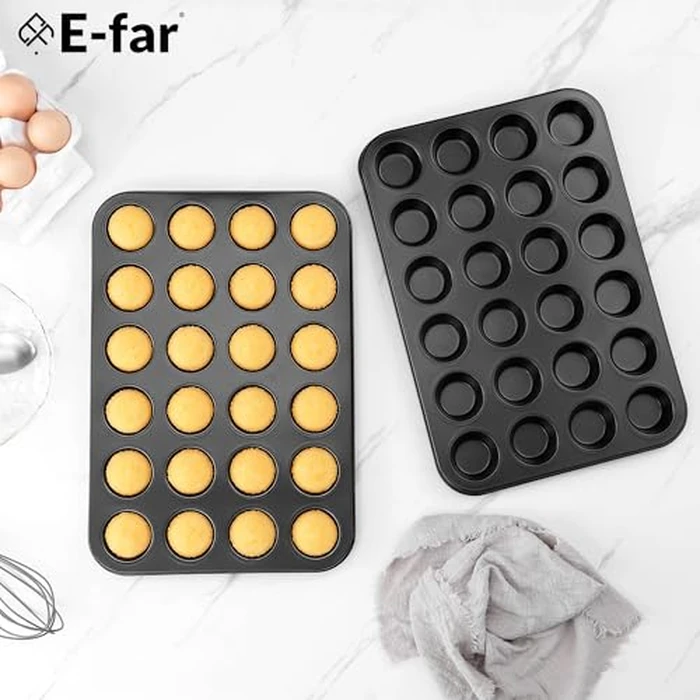 E-far 2 Pack Mini Muffin Pan - Nonstick 24-Cup Carbon Steel Cupcake Tin Tray for Little Bites & Freezer Prep | Warp-Free Bakeware Ensures Even Baking & Effortless Release, Regular Size & Oven Safe by E-far - Image 6