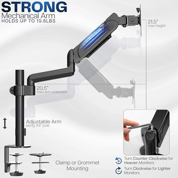 VIVO Single Monitor Arm Mount for 17 to 32 inch Screens - Tension Height Adjustment, Full Articulating Tilt, Swivel, Heavy Duty VESA Stand with Desk C-clamp and Grommet Option STAND-V001K by VIVO - Image 3
