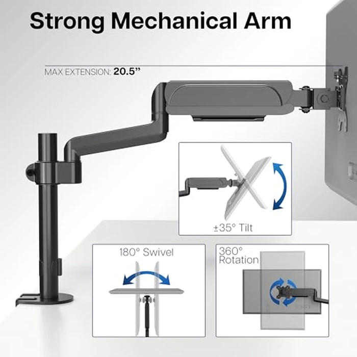 VIVO Single Monitor Arm Mount for 17 to 32 inch Screens - Tension Height Adjustment, Full Articulating Tilt, Swivel, Heavy Duty VESA Stand with Desk C-clamp and Grommet Option STAND-V001K by VIVO - Image 5