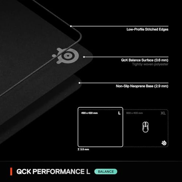 SteelSeries QcK L Performance Balance Gaming Mousepad - Extra Density for a Smooth Glide - Low-Profile Edge Stitching - Non-Slip Neoprene Rubber Base -16.54 x 19.29 inch - FPS, MOBAs, RTS, MMO by SteelSeries - Image 7