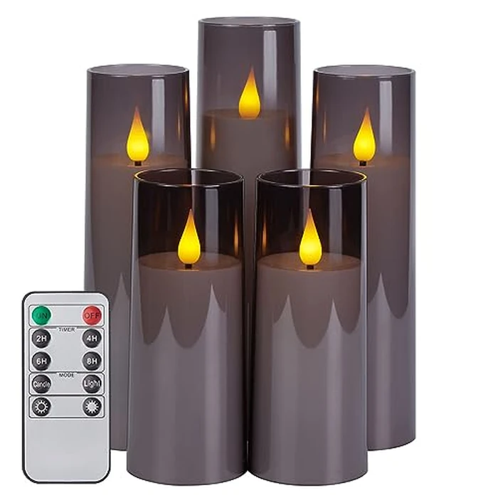 IMAGE Flickering Flameless Candles Battery Operated, Acrylic Shell Pillar 3D Wick LED Candles with 10-Key Remote Control Timer for Wedding Christmas Home Decor Set of 5 (D2.3 in X H5 5 7 7 8 in), Grey by IMAGE - Used - Very Good condition - CA$19.16