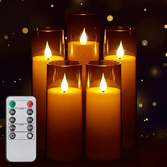 IMAGE Flickering Flameless Candles Battery Operated, Acrylic Shell Pillar 3D Wick LED Candles with 10-Key Remote Control Timer for Wedding Christmas Home Decor Set of 5 (D2.3 in X H5 5 7 7 8 in), Grey by IMAGE - Image 2