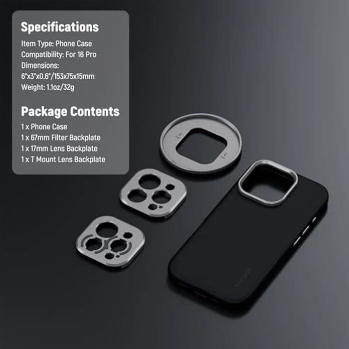 NEEWER Phone Case for 16 Pro,TPU/PC Nonslip Protective Heavy Duty Phone Cover with Modular Backplates for 67mm Thread Filter/17mm Lens/T Mount Lens,Compatible with iPhone 16 Pro MagSafe Moment,PA083P by NEEWER - Image 7