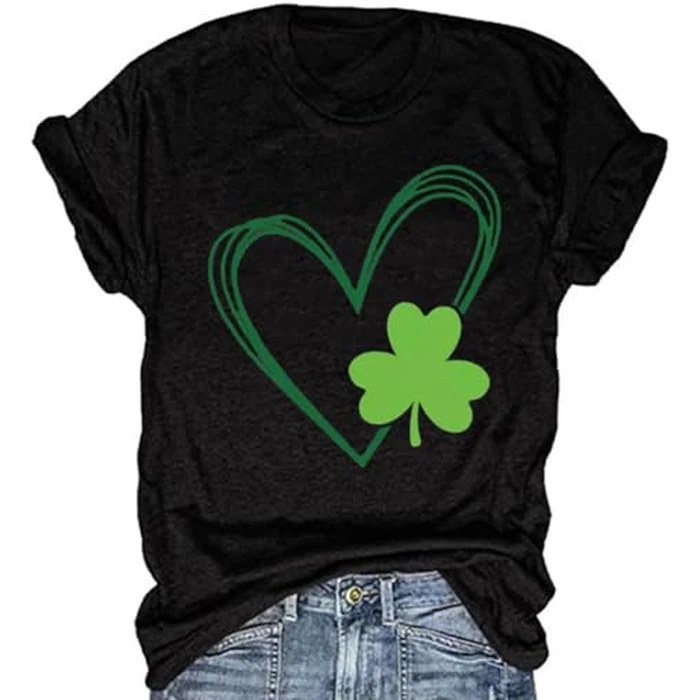 kfulemai Womens St Patrick's Day Clover T-Shirt Shamrock Heart Graphic Tees Get Lucky Shirt Irish Tops(S,Black-2) by kfulemai - Used - Like New condition