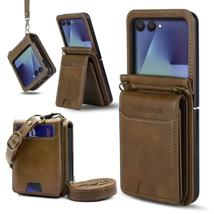 ASAPDOS for Samsung Galaxy Z Flip 7 PU Leather Wallet Phone Case with Card Slots (Holds 5-7 Cards), Anti-Drop Protection, Wrist & Shoulder Strap Coffee by ASAPDOS - Image 1