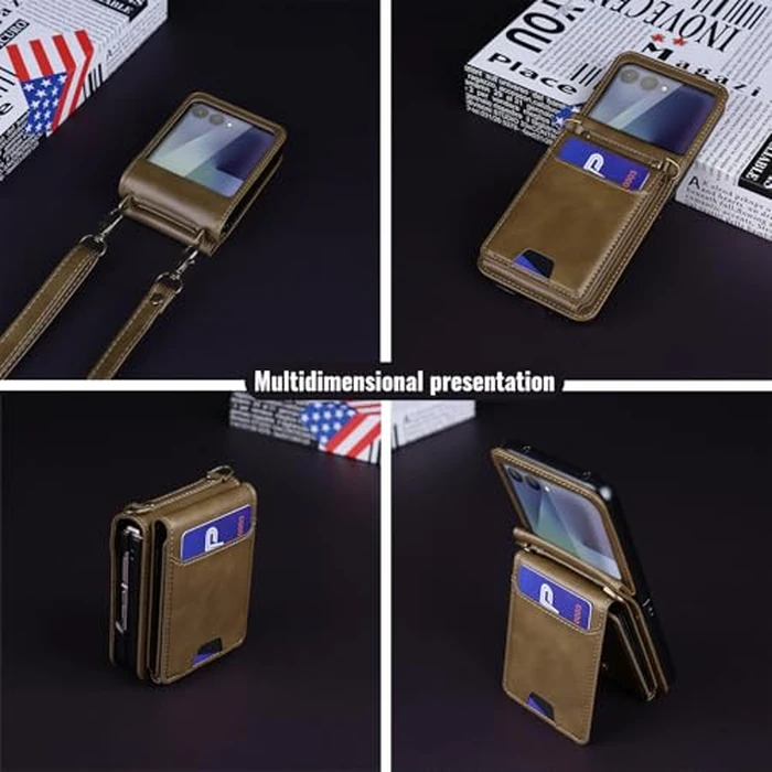 ASAPDOS for Samsung Galaxy Z Flip 7 PU Leather Wallet Phone Case with Card Slots (Holds 5-7 Cards), Anti-Drop Protection, Wrist & Shoulder Strap Coffee by ASAPDOS - Image 3