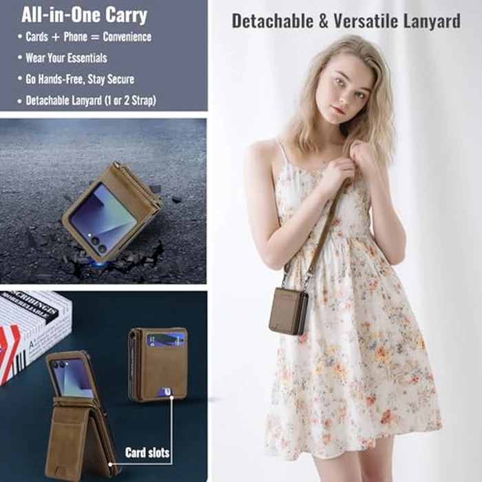 ASAPDOS for Samsung Galaxy Z Flip 7 PU Leather Wallet Phone Case with Card Slots (Holds 5-7 Cards), Anti-Drop Protection, Wrist & Shoulder Strap Coffee by ASAPDOS - Image 6