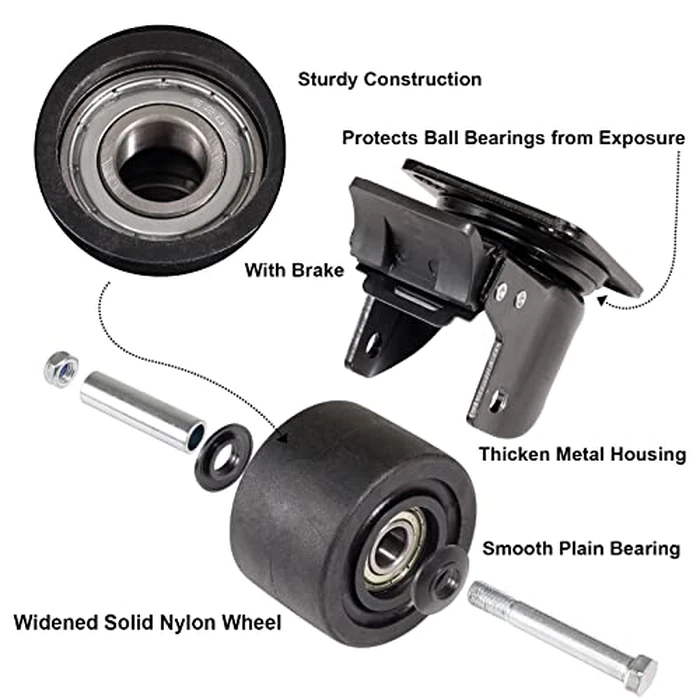W B D WEIBIDA Plate Swivel Caster Wheels 3-inch Heavy Duty of 4400lbs, Low Gravity Center Design Black Caster Wheels with Brake, Durable & Quiet & Sturdy Nylon Wheels for Industrial, Set of 4 by W B D WEIBIDA - Image 2