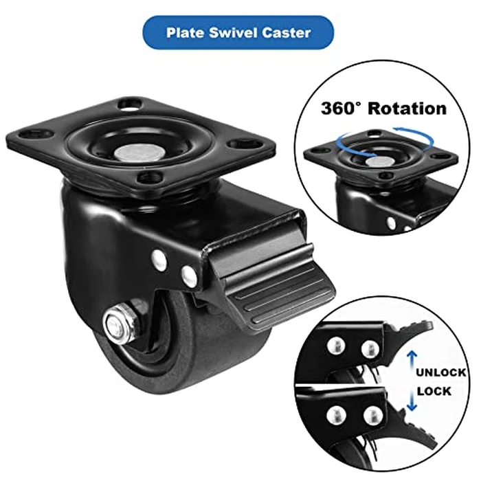 W B D WEIBIDA Plate Swivel Caster Wheels 3-inch Heavy Duty of 4400lbs, Low Gravity Center Design Black Caster Wheels with Brake, Durable & Quiet & Sturdy Nylon Wheels for Industrial, Set of 4 by W B D WEIBIDA - Image 4