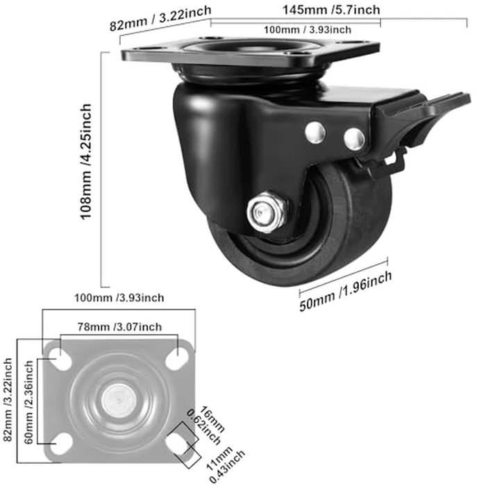 W B D WEIBIDA Plate Swivel Caster Wheels 3-inch Heavy Duty of 4400lbs, Low Gravity Center Design Black Caster Wheels with Brake, Durable & Quiet & Sturdy Nylon Wheels for Industrial, Set of 4 by W B D WEIBIDA - Image 5