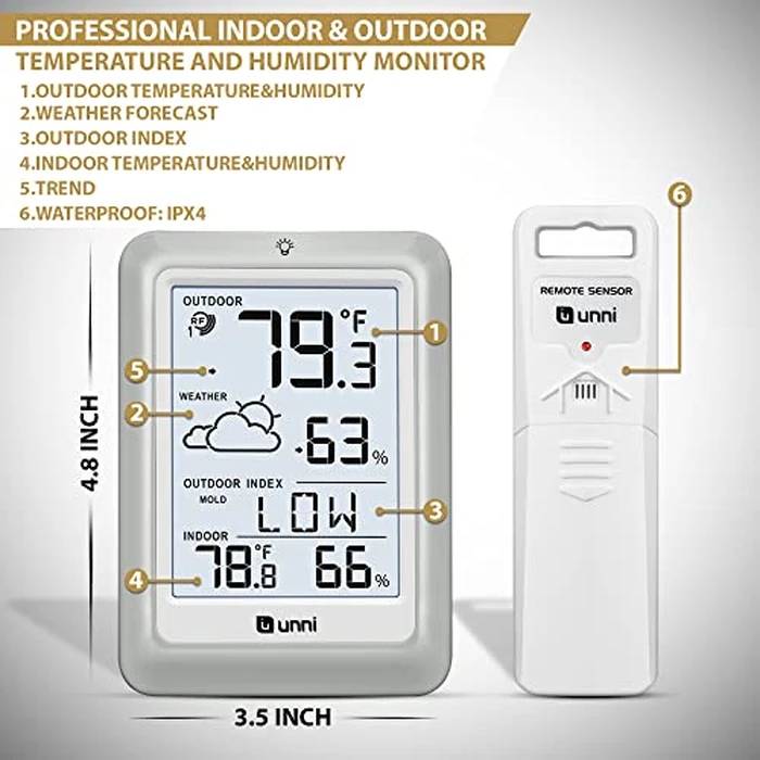Indoor Outdoor Thermometer Hygrometer Wireless Weather Station, Temperature Humidity Monitor Battery Powered Inside Outside Thermometers with 330ft Range Remote Sensor and Backlight Display by U UNNI - Image 5