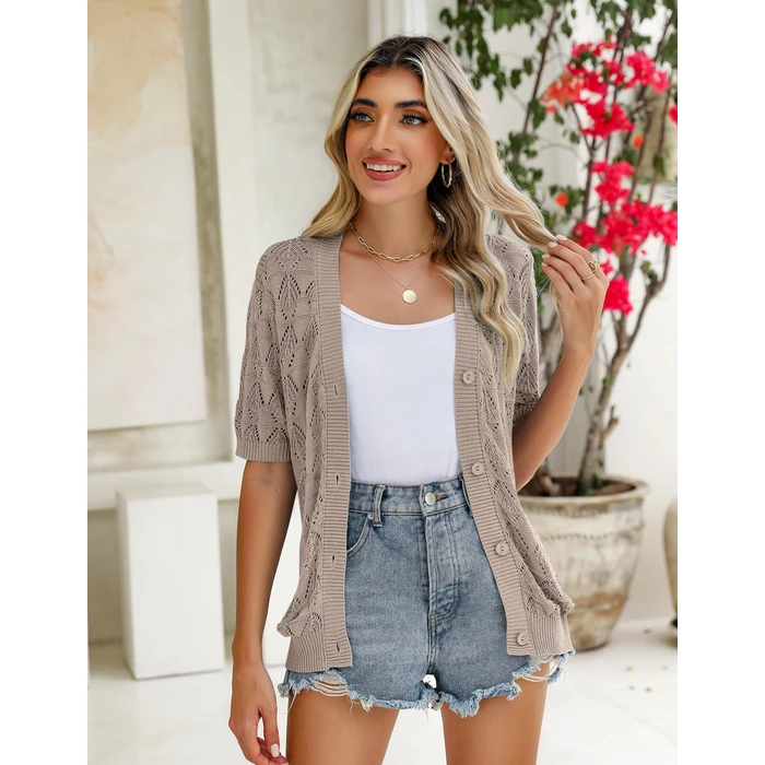 Zeagoo Lightweight Summer Cardigan Short Sleeve Crochet Knit Sweaters Top V-Neck Button Shrugs Beige by Zeagoo - Image 4