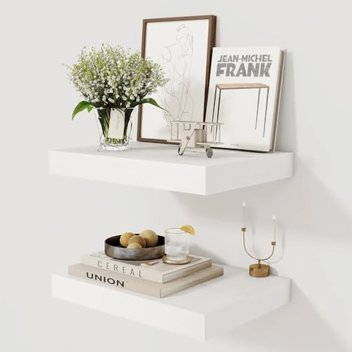 Fun Memories Floating Shelves, 30cm Deep Wall Shelves 5cm Thick, Rustic Deep Wood Shelves for Living Room, Bedroom, Kitchen, Bathroom - 40cm Long, White by Fun Memories - Image 1