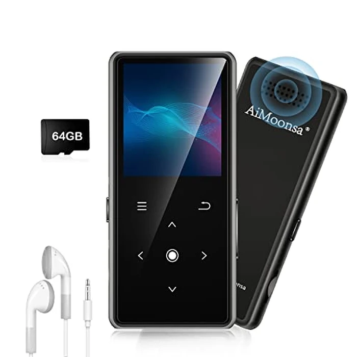 64GB MP3 Player with Bluetooth 5.2, AiMoonsa Music Player with Built-in HD Speaker, FM Radio, Voice Recorder, HiFi Sound, E-Book, Earphones Included by AiMoonsa - Used - Very Good condition - US$35.59