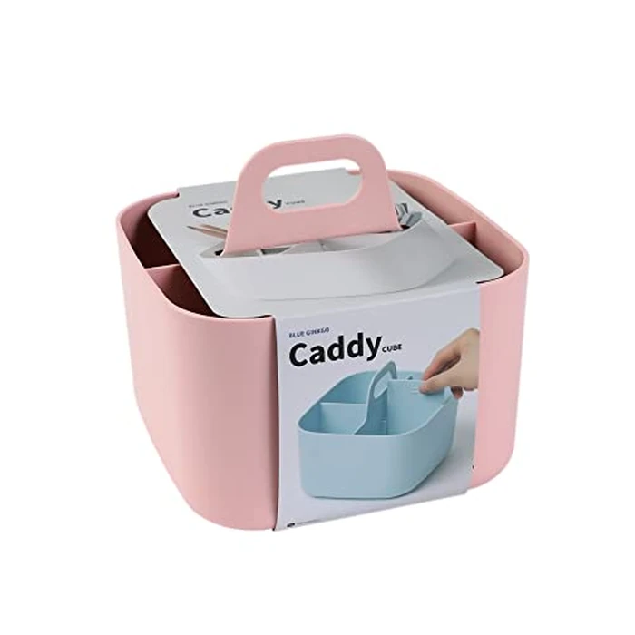 BLUE GINKGO Small Stackable Organizer Caddy - Korean-Made Portable Tote for Bathroom, Office, Crafts, or School Supplies (Square, Pink) by BLUE GINKGO - Used - Like New condition - US$15.29