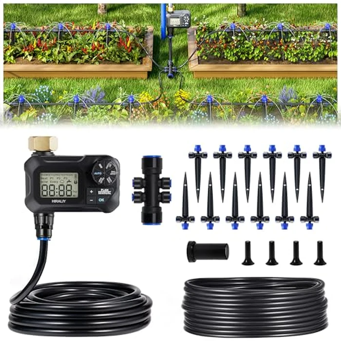 HIRALIY 50FT Automatic Drip Irrigation Kits with Garden Timer, Garden Watering System for Patio Lawn, Quick Connector Design Irrigation System Kit with Easy Programmable Water Timer by HIRALIY - Used - Very Good condition