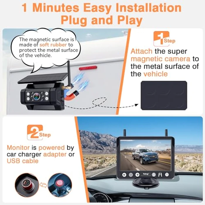 Wireless Backup Camera Magnetic for Truck: 1 Minute Easy Install HD 1080P Rear View Camera Solar - Portable Rechargeable 5 Inch Monitor System for Car Truck SUV RV Trailer Camper Y02 by Yakry - Image 2