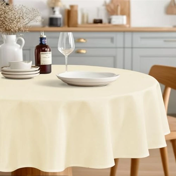 JIUZHEN 70 Inch Faux Linen Round Table Cloth - Wrinkle and Stain Resistant Spillproof Washable Polyester Fabric Tablecloth for Dining Room Kitchen Cover for Dinner Outdoor Picnic, Champagne by JIUZHEN - Used - Good condition - CA$18.04