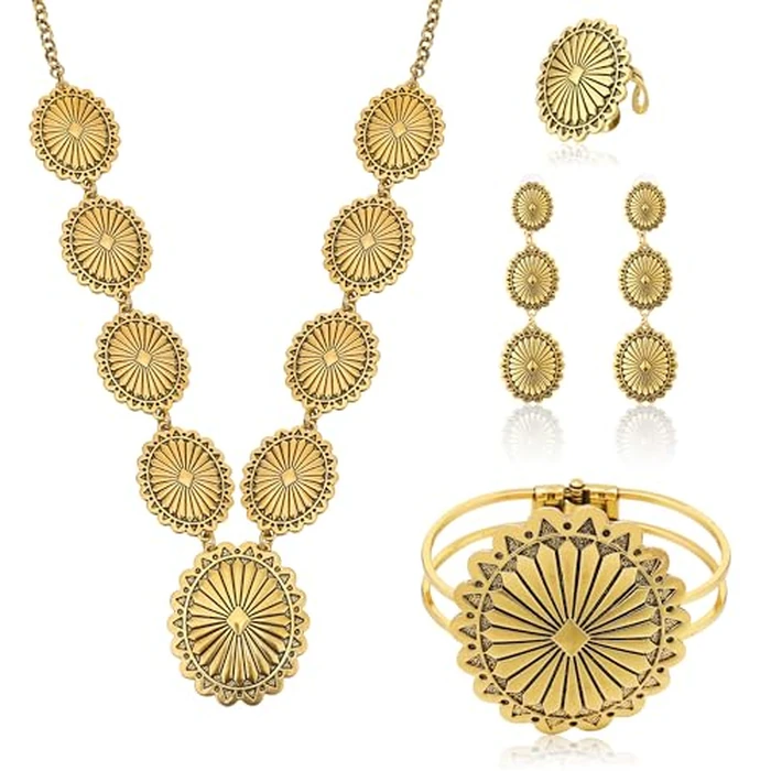 JMScape 4 PCS Western Turquoise Jewelry for Women Boho Vintage Navajo Pearl Necklace Earring Bracelet Ring Set Country Cowgirl Accessories for Gift (J-Gold) by JMScape - Image 1