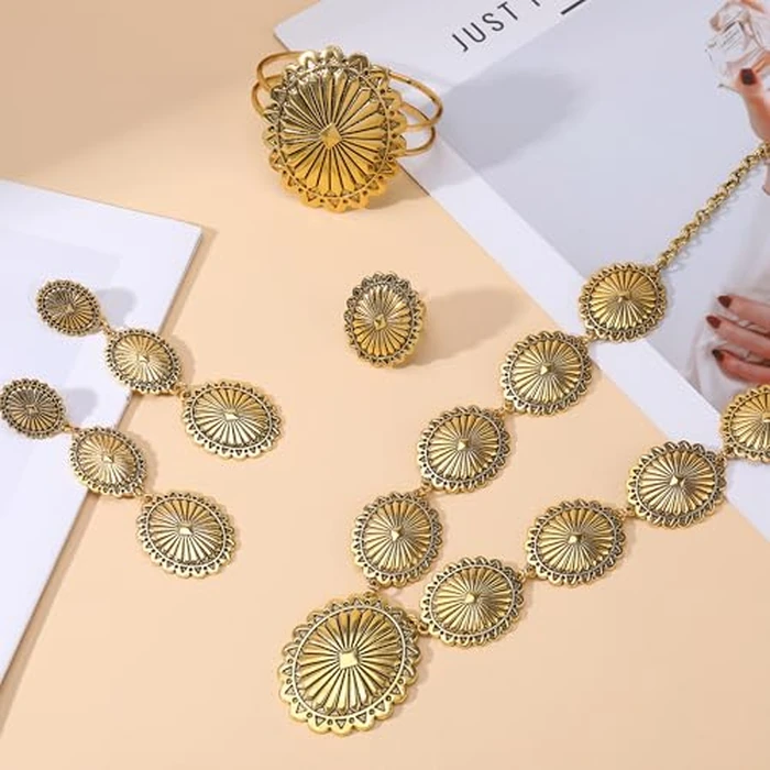 JMScape 4 PCS Western Turquoise Jewelry for Women Boho Vintage Navajo Pearl Necklace Earring Bracelet Ring Set Country Cowgirl Accessories for Gift (J-Gold) by JMScape - Image 3