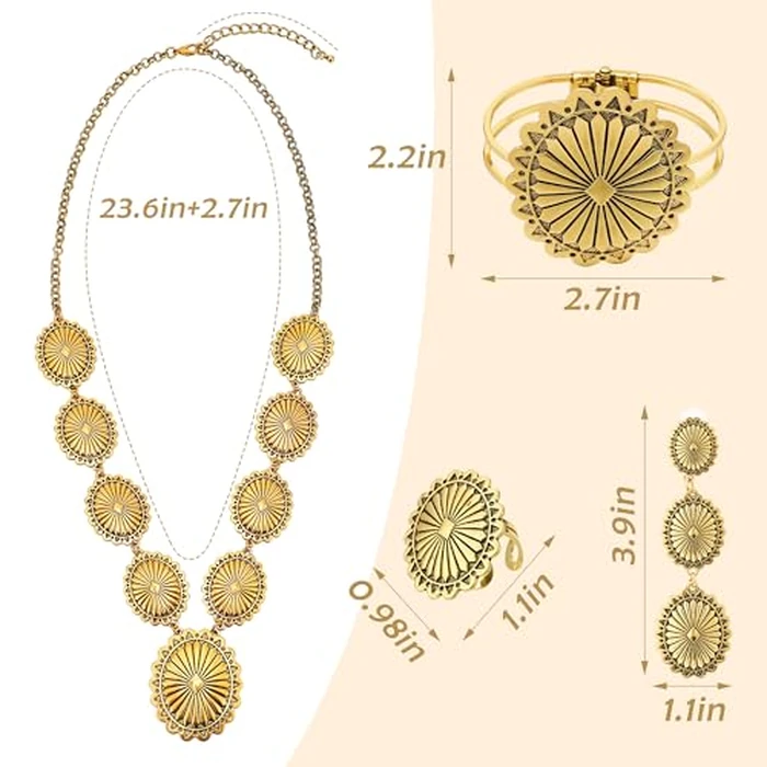 JMScape 4 PCS Western Turquoise Jewelry for Women Boho Vintage Navajo Pearl Necklace Earring Bracelet Ring Set Country Cowgirl Accessories for Gift (J-Gold) by JMScape - Image 4
