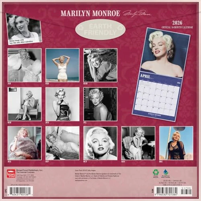 Marilyn Monroe Official 2026 12 X 24 Inch (Hanging) Monthly Square Wall Calendar Foil Stamped Cover Plastic-Free by BrownTrout - Image 2