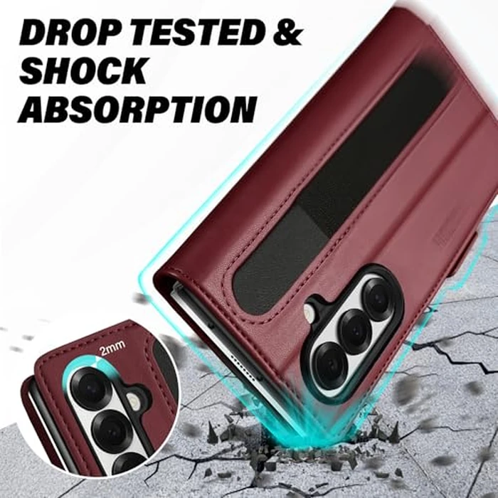 TUCCH Case Wallet for Galaxy Z Fold7 5G, Shockproof PU Leather Magnetic Folio Cover with [RFID Blocking] [Kickstand][4 Card Slots], PC Shell Compatible with Galaxy Z Fold 7 (8.0") 2025, Dark Red by TUCCH - Image 5