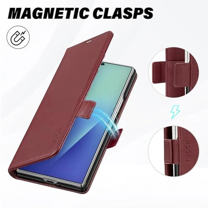 TUCCH Case Wallet for Galaxy Z Fold7 5G, Shockproof PU Leather Magnetic Folio Cover with [RFID Blocking] [Kickstand][4 Card Slots], PC Shell Compatible with Galaxy Z Fold 7 (8.0") 2025, Dark Red by TUCCH - Image 6