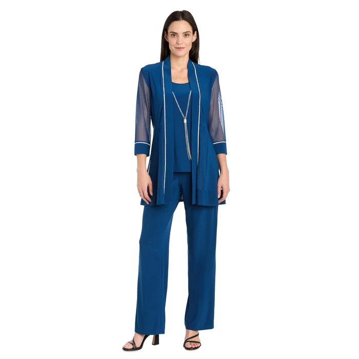 R&M Richards Women's 2-Piece Rhinestone Mock Pantsuit W/Necklace & Rhinestone Trim Mesh Jacket & Pull-On Elastic Pants by R&M Richards - Image 1