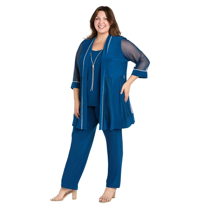 R&M Richards Women's 2-Piece Rhinestone Mock Pantsuit W/Necklace & Rhinestone Trim Mesh Jacket & Pull-On Elastic Pants by R&M Richards - Image 2