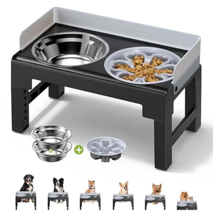 Ceecysaa Elevated Dog Bowls, 6 Height Adjustable Raised Dog Bowls with 2 Thick Stainless Steel Dog Food Bowls & 1 Slow Feeder Bowl for Large Medium Dogs Adjusts to 3.1", 8.7", 9.4", 10.2", 11", 11.8" by Ceecysaa - Used - Good condition - CA$27.93