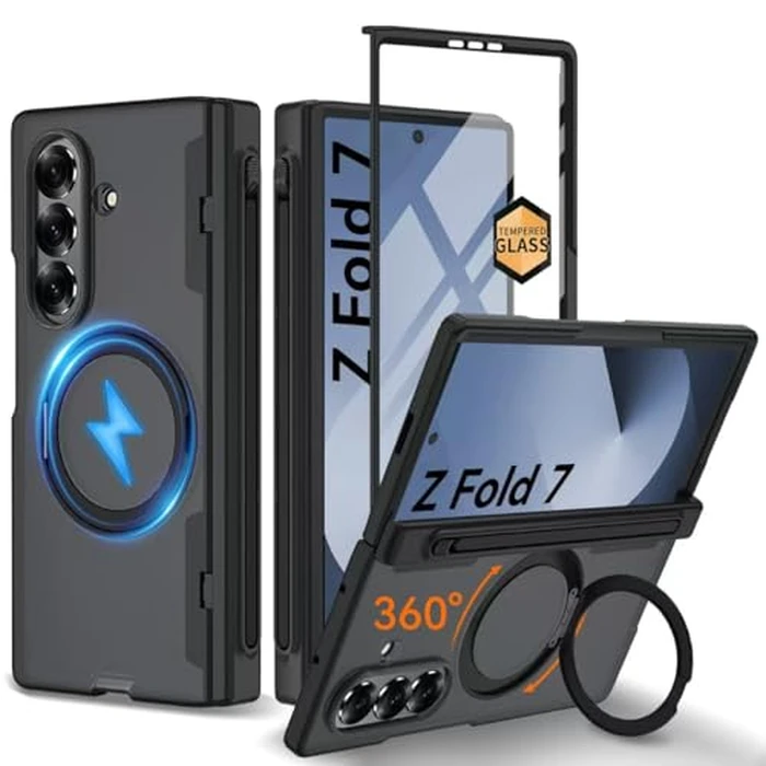 Upgraded 360 degrees Spin Magnetic Invisible Ring Stand for Samsung Galaxy Z Fold 7 Case,[Compatible with MagSafe][S Pen Holder][Hinge Protection][Screen Protector],Shockproof Full Body Phone Cover(Black-1) by muitq - Used - Very Good condition