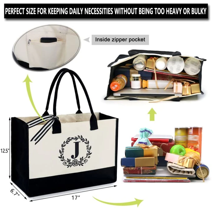 BeeGreen Personalized Monogram Tote Bag for Birthday Beach Wedding Work Canvas Initial Bag for Woman Teacher Mom Friend Bride Baskets for Gifts Empty Cool Large Gift Bag Female Coworkers J by BeeGreen - Image 7