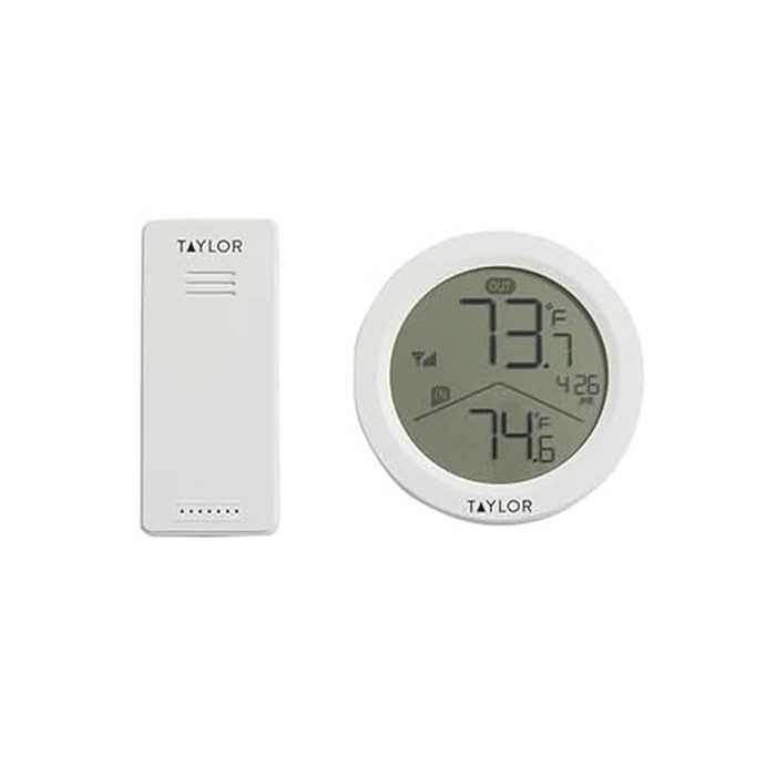 Taylor Digital Wireless Round Indoor Comfort Level Thermometer and Clock, Wireless Remote Sensor, Easy-to-Read Display for Home, Office, Greenhouse, Nursery, and Indoor Areas, LCD, White by Taylor - Used - Like New condition