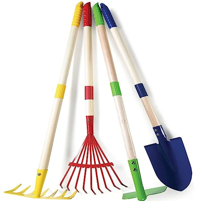 Play22 Kids Garden Tool Set Toy 4-Piece - Shovel, Rake, Hoe, Leaf Rake, Wooden Gardening Tools for Kids Best Outdoor Toys Gift for Boys and Girls by Play22 - Used - Like New condition