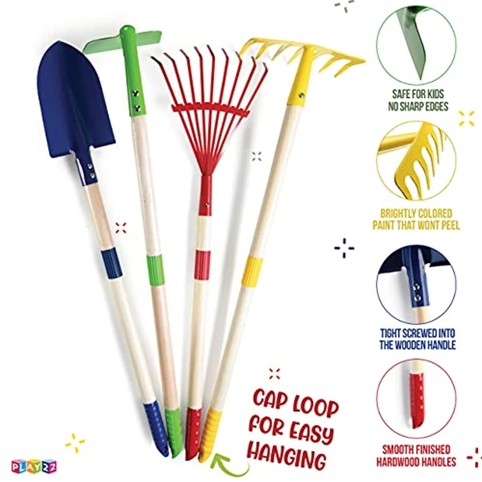 Play22 Kids Garden Tool Set Toy 4-Piece - Shovel, Rake, Hoe, Leaf Rake, Wooden Gardening Tools for Kids Best Outdoor Toys Gift for Boys and Girls by Play22 - Image 2