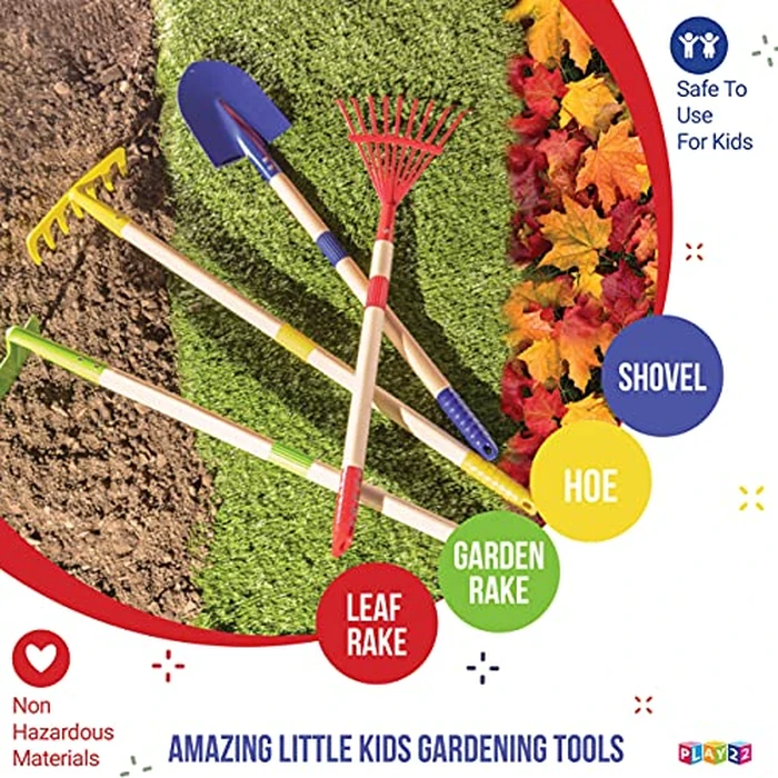 Play22 Kids Garden Tool Set Toy 4-Piece - Shovel, Rake, Hoe, Leaf Rake, Wooden Gardening Tools for Kids Best Outdoor Toys Gift for Boys and Girls by Play22 - Image 4