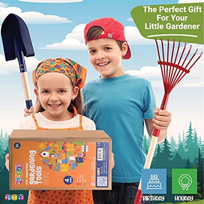 Play22 Kids Garden Tool Set Toy 4-Piece - Shovel, Rake, Hoe, Leaf Rake, Wooden Gardening Tools for Kids Best Outdoor Toys Gift for Boys and Girls by Play22 - Image 5
