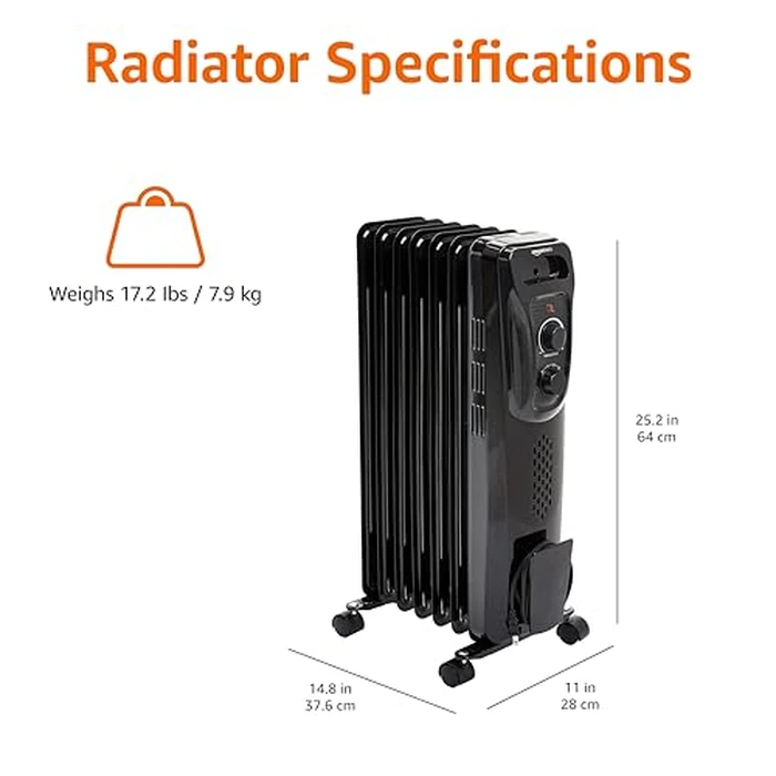 Amazon Basics Portable Oil Radiator Heater, Indoor Use, 3 Heat Settings, Over-Heat Protection, ETL-certified Safety, 7 Oil-Filled Steel Fins, 1500W, Tip-Over Protection, 11"D x 14.8"W x 25.2"H, Black by Amazon Basics - Image 3