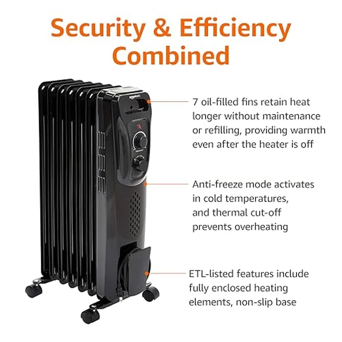 Amazon Basics Portable Oil Radiator Heater, Indoor Use, 3 Heat Settings, Over-Heat Protection, ETL-certified Safety, 7 Oil-Filled Steel Fins, 1500W, Tip-Over Protection, 11"D x 14.8"W x 25.2"H, Black by Amazon Basics - Image 4