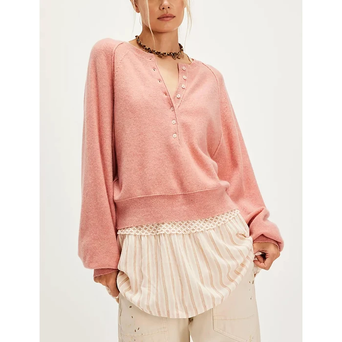 Ziqoty Women's Half Button Down Pullover Knit Sweater Casual Henley Long Sleeve Tunic Tops Loose Fit Trendy Outfits(Coral-S) by Ziqoty - Image 3