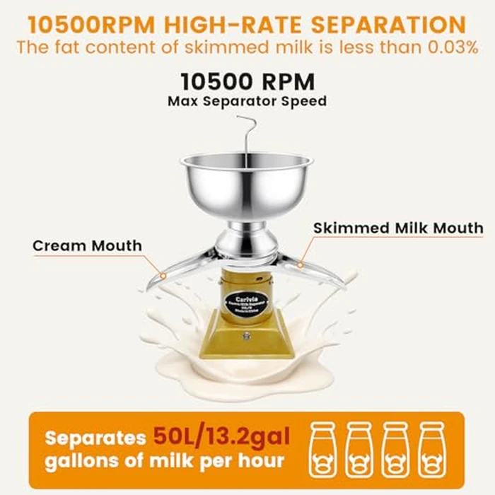Carivia Milk Cream Centrifugal Separator, 304 Stainless Steel Electric Cow Milk Separator, 50L/H Goat Cow Cream Separator, 10500RPM Creams Maker Separator with 5L Bowl Capacity for Fresh Goat Cow Milk by Carivia - Image 2
