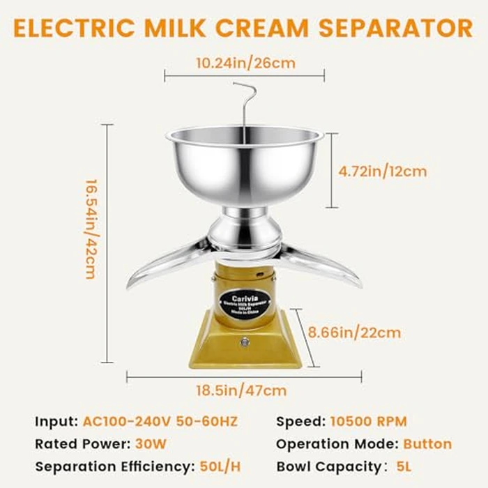 Carivia Milk Cream Centrifugal Separator, 304 Stainless Steel Electric Cow Milk Separator, 50L/H Goat Cow Cream Separator, 10500RPM Creams Maker Separator with 5L Bowl Capacity for Fresh Goat Cow Milk by Carivia - Image 6